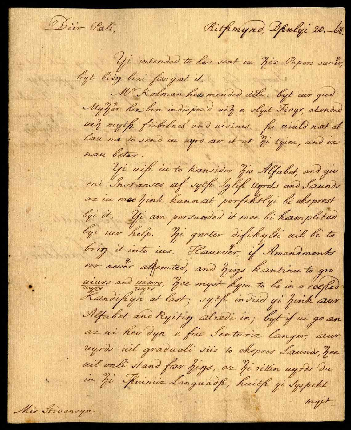 The first page of Benjamin Franklin’s letter to Polly Stevenson Hewson, dated 20 July 1768