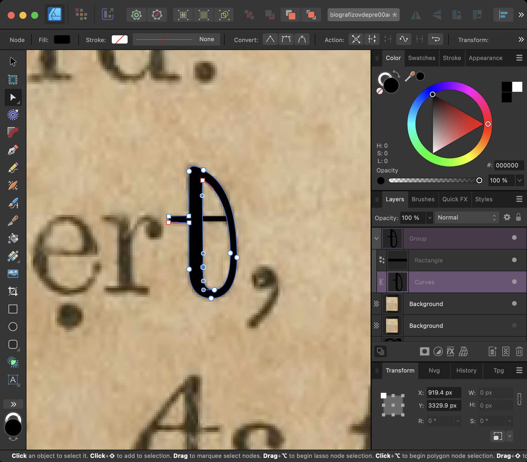 Affinity Designer open with the traced splines of the phonotypic t [𝽹] on top of the original scanned page